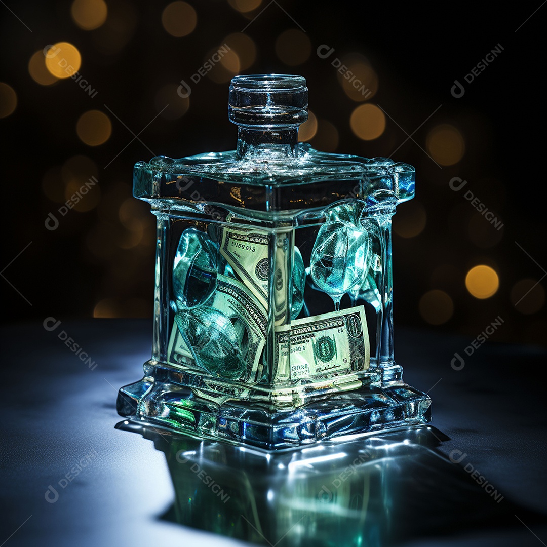 Vidro feito com cifrão contra fundo escuro