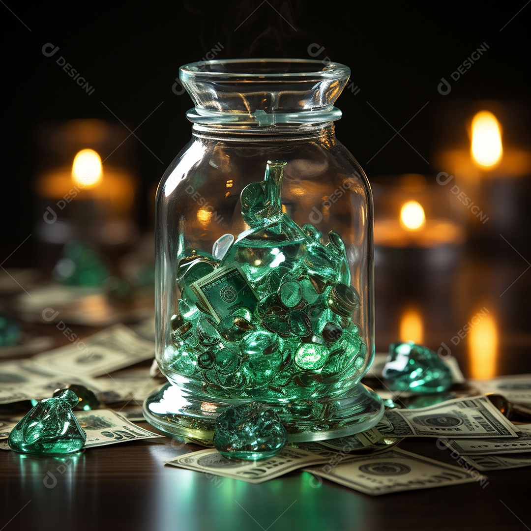 Vidro feito com cifrão contra fundo escuro