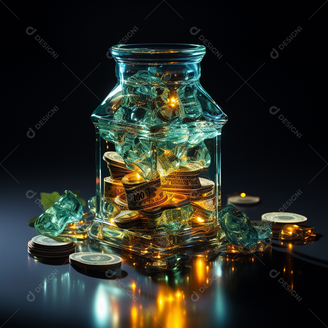 Vidro feito com cifrão contra fundo escuro