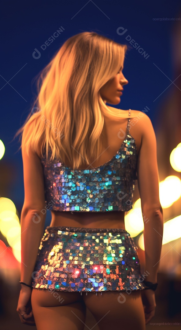 Linda jovem loira com uma roupa brilhante