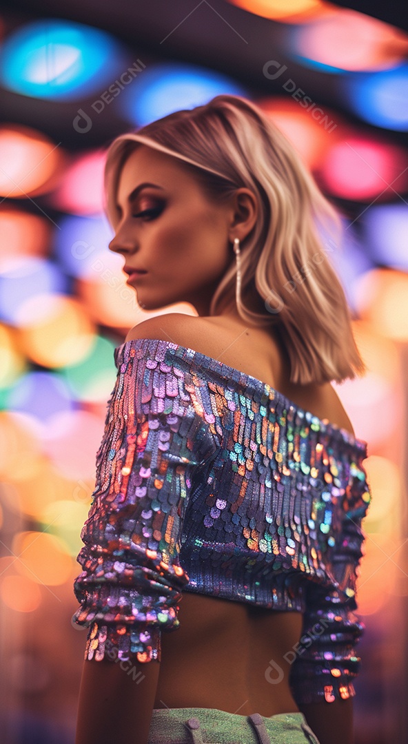 Linda jovem loira com uma roupa brilhante