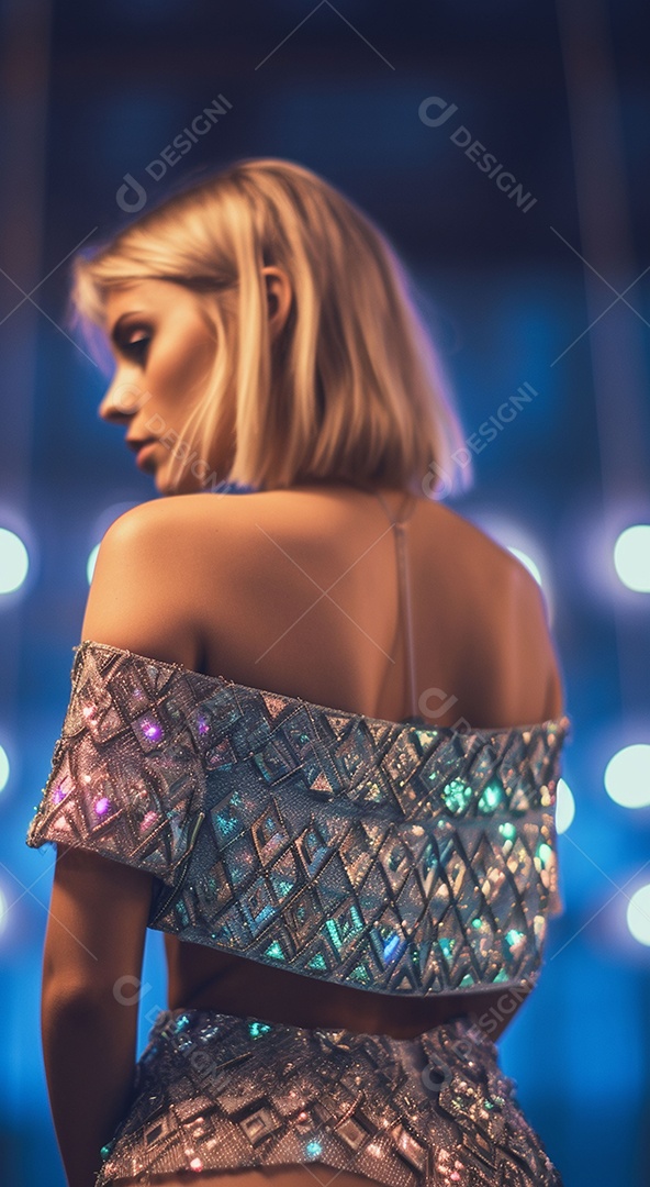 Linda jovem loira com uma roupa brilhante