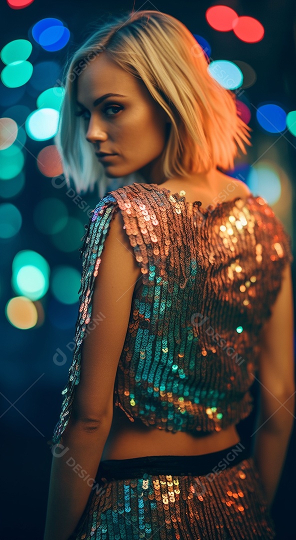 Linda jovem loira com uma roupa brilhante