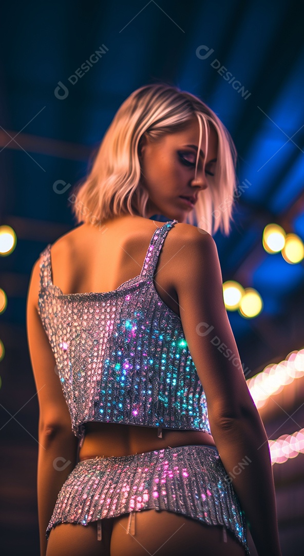 Linda jovem loira com uma roupa brilhante