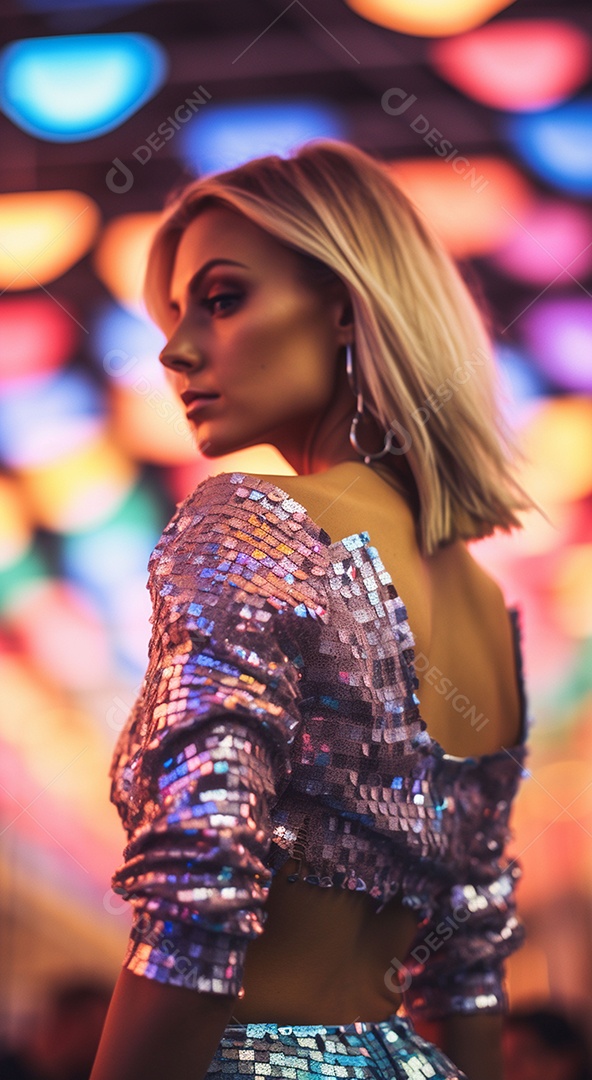 Linda jovem loira com uma roupa brilhante