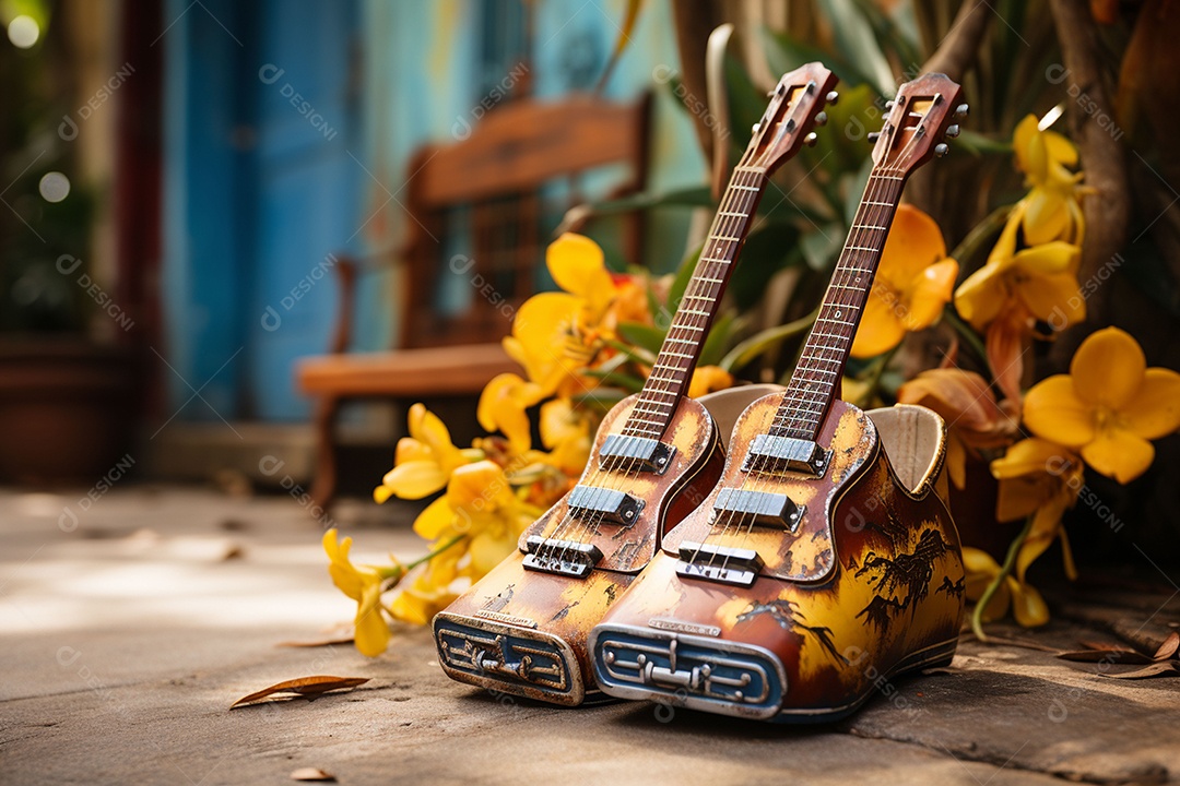 Guitarra havaiana das sapatilhas amarelas do adole