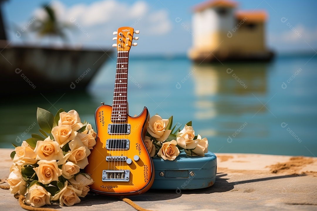 Guitarra havaiana das sapatilhas amarelas do adole