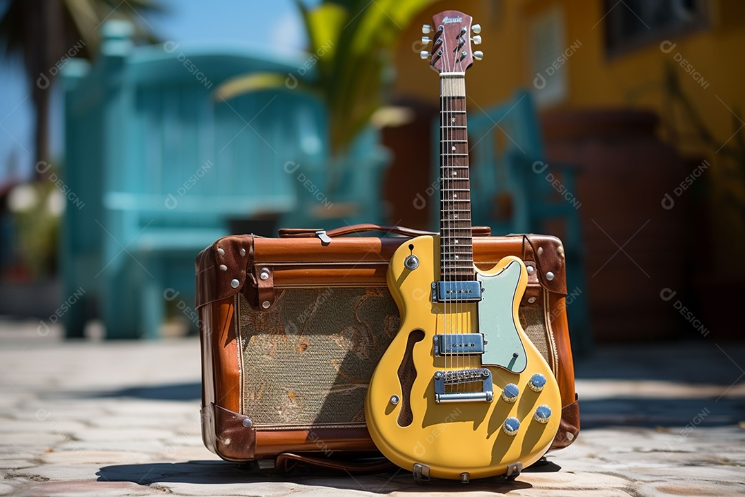 Guitarra havaiana das sapatilhas amarelas do adole