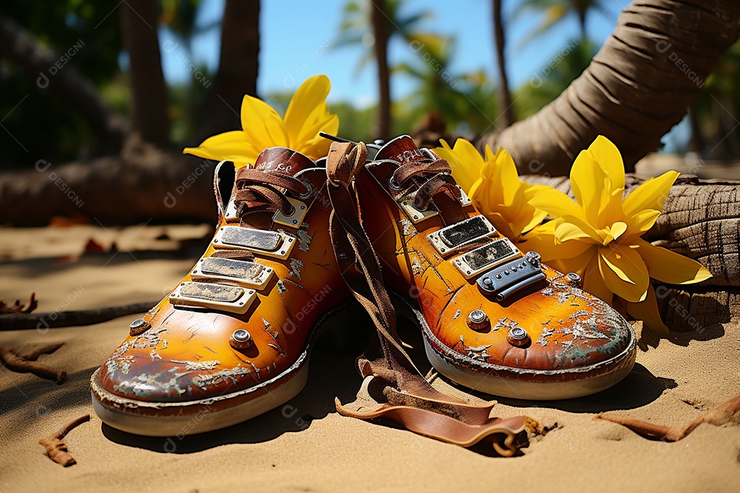 Guitarra havaiana das sapatilhas amarelas do adole