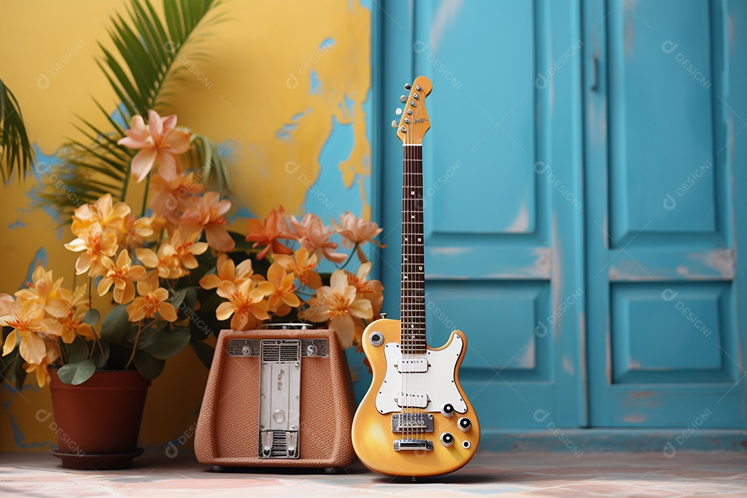 Guitarra havaiana das sapatilhas amarelas do adole