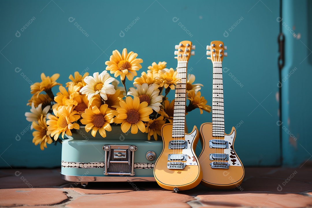 Guitarra havaiana das sapatilhas amarelas do adole