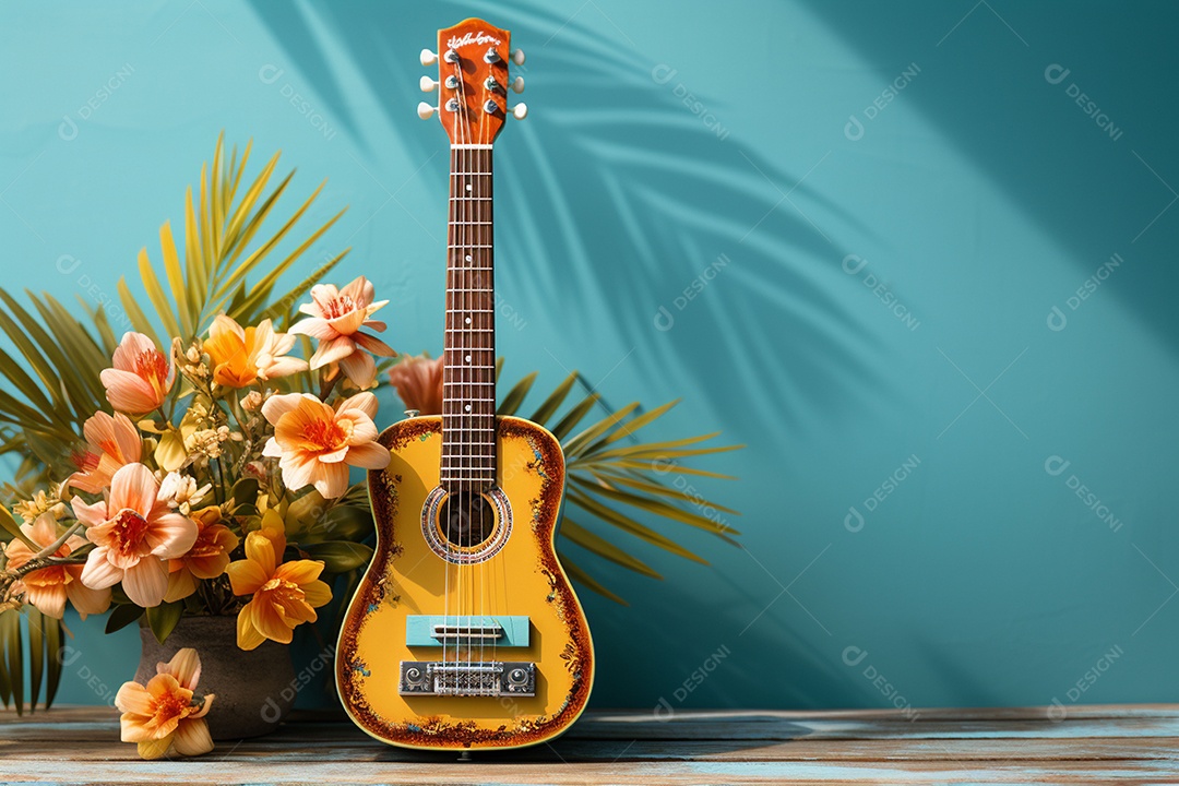 Guitarra havaiana das sapatilhas amarelas do adole