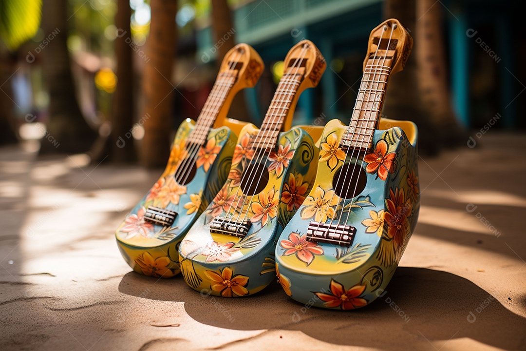 Guitarra havaiana das sapatilhas amarelas do adole