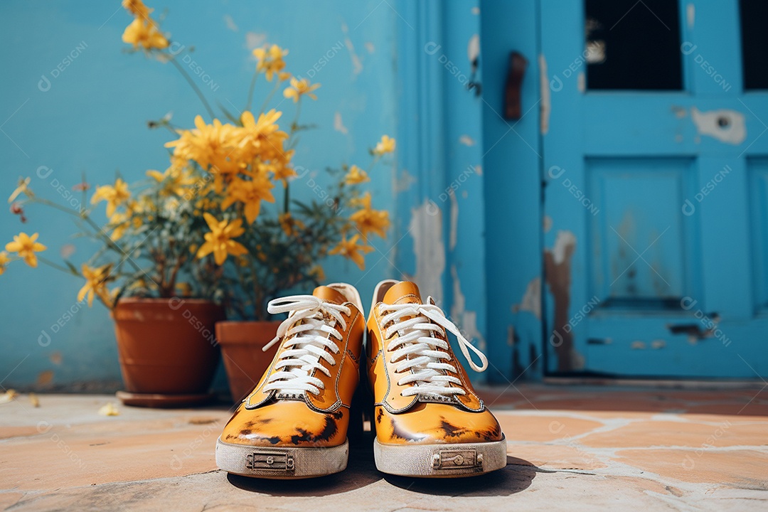 Guitarra havaiana das sapatilhas amarelas do adole