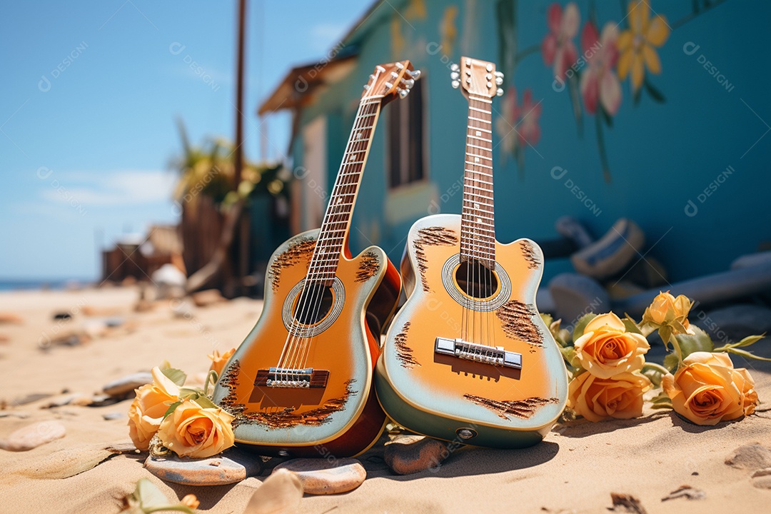 Guitarra havaiana das sapatilhas amarelas do adole