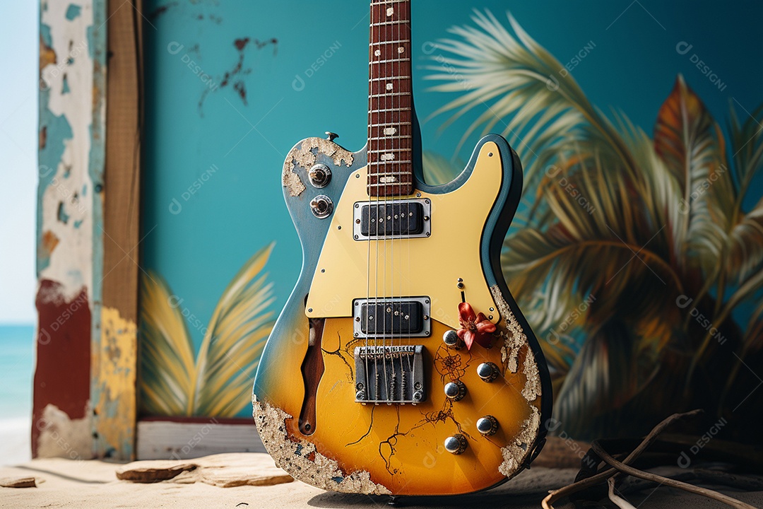 Guitarra havaiana das sapatilhas amarelas do adole