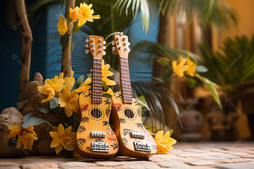 Guitarra havaiana das sapatilhas amarelas do adole