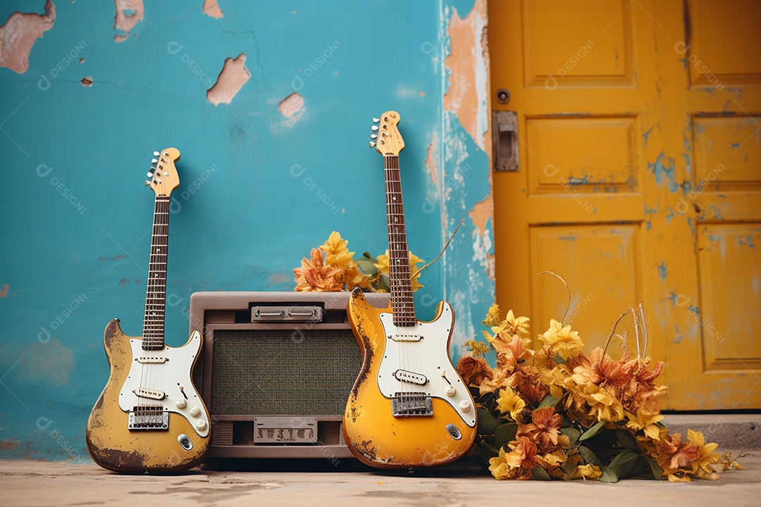 Guitarra havaiana das sapatilhas amarelas do adole