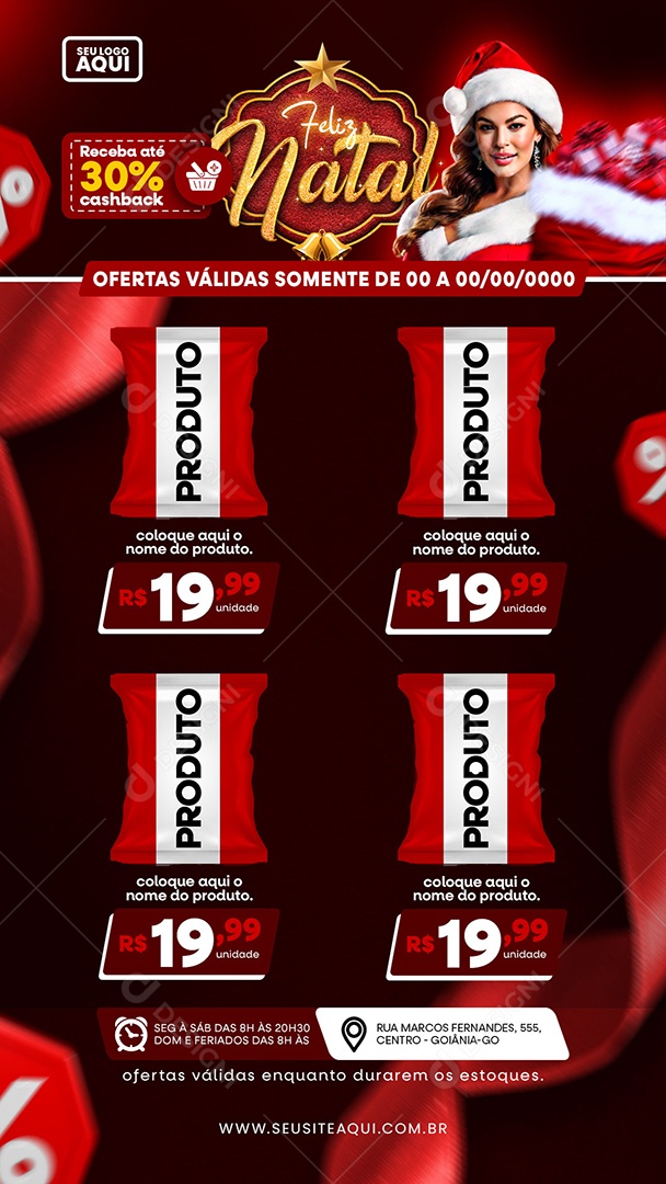 Story Supermercado Feliz Natal Ofertas Produto Receba até 30% cashback Social Media PSD Editável