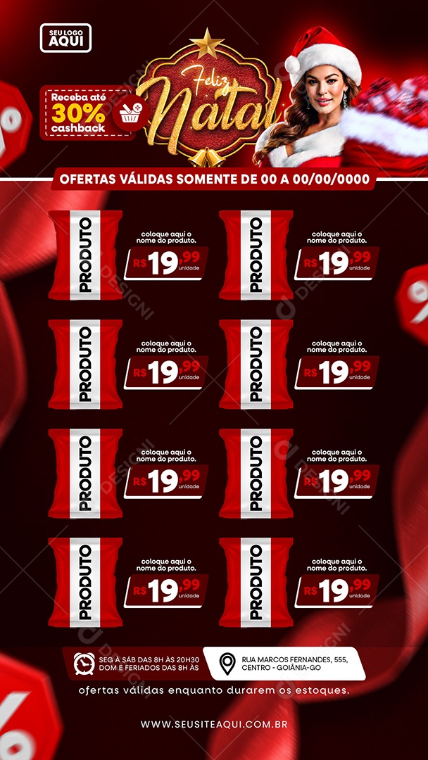 Story Supermercado Feliz Natal Ofertas Produto Receba até 30% cashback Social Media PSD Editável