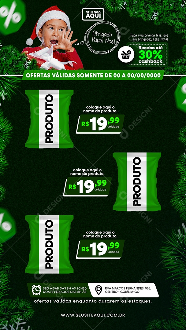 Story Feliz Natal Supermercado Produtos Receba até 30% cashback Social Media PSD Editável