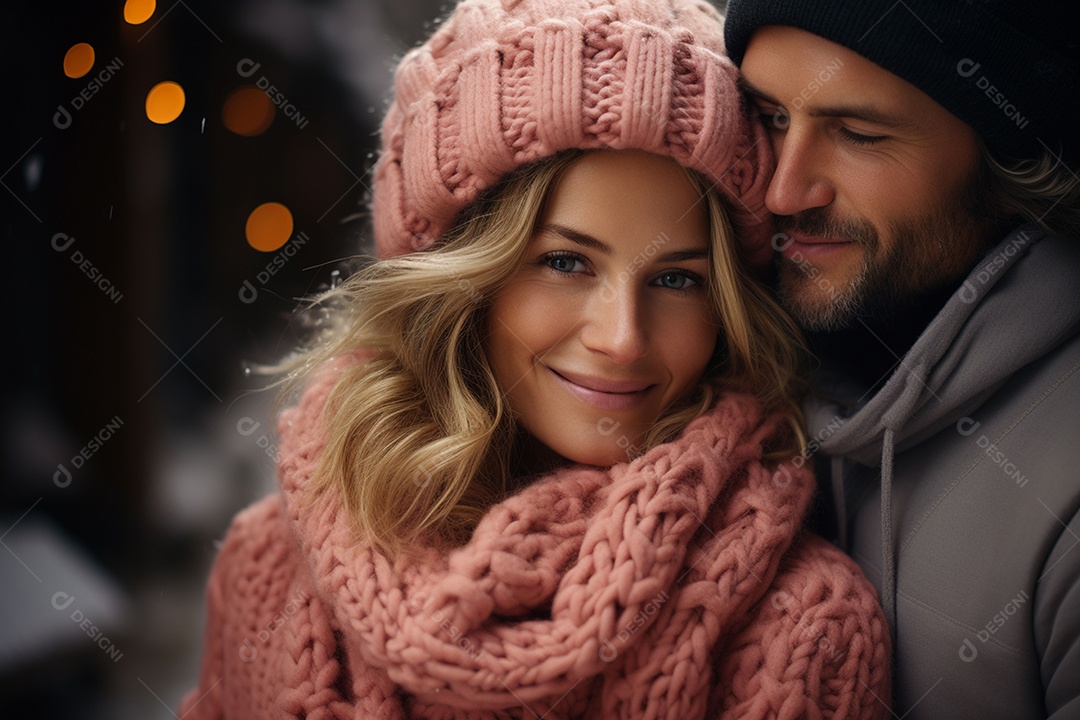 Casal feliz apaixonado se divertindo com roupa de tricô