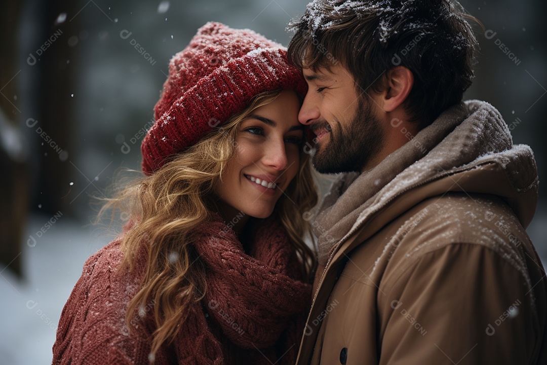 Casal feliz apaixonado se divertindo com roupa de tricô