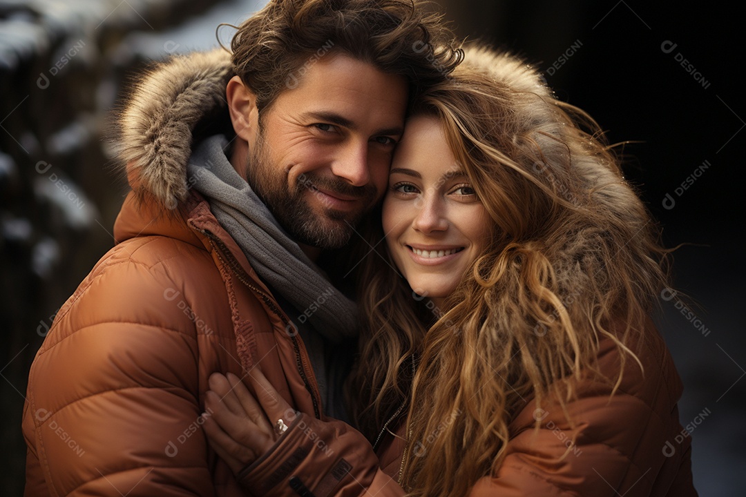 Casal feliz apaixonado se divertindo com roupa de tricô