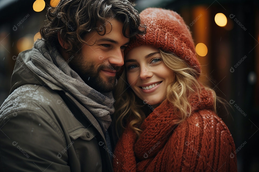 Casal feliz apaixonado se divertindo com roupa de tricô