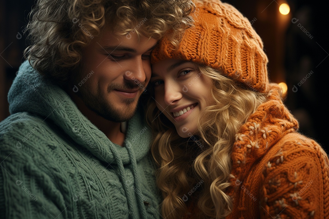 Casal feliz apaixonado se divertindo com roupa de tricô