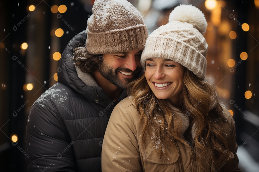 Casal feliz apaixonado se divertindo com roupa de tricô