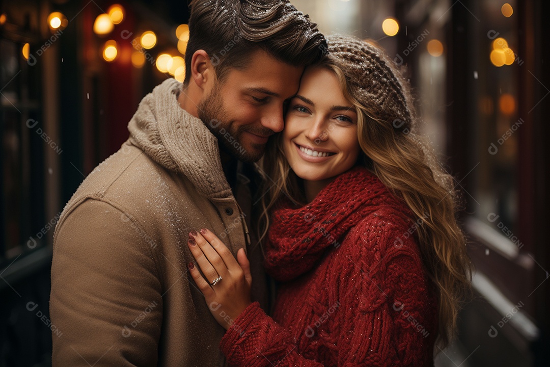 Casal feliz apaixonado se divertindo com roupa de tricô