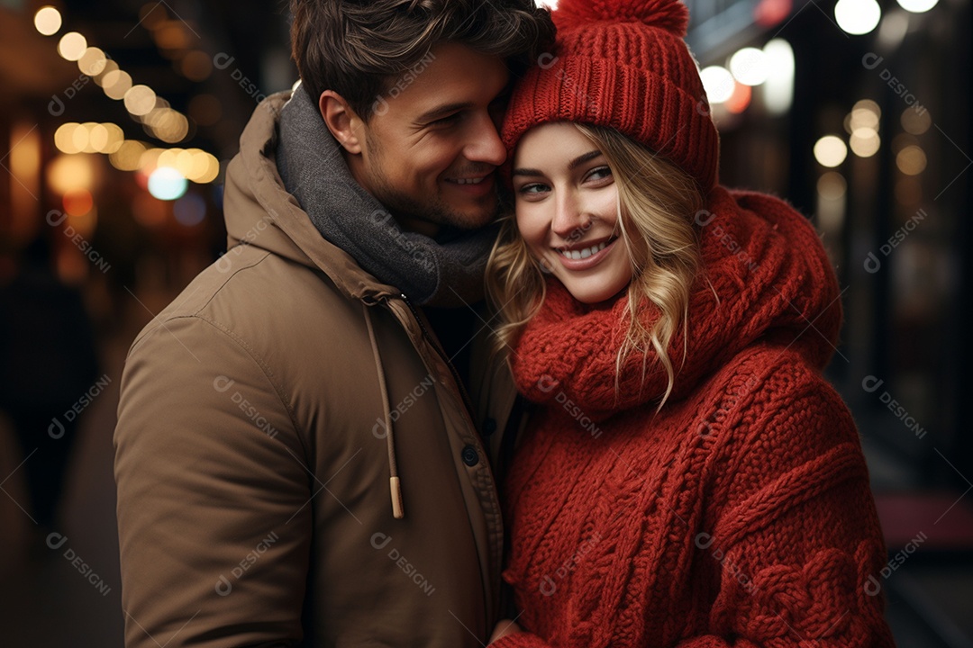Casal feliz apaixonado se divertindo com roupa de tricô