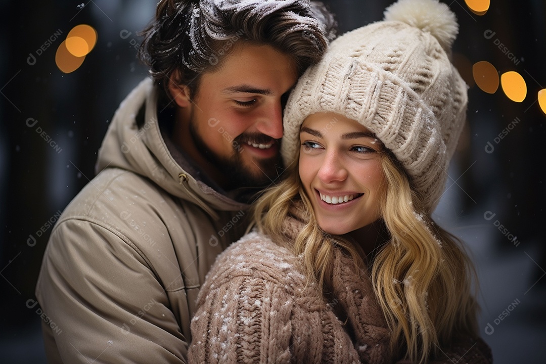 Casal feliz apaixonado se divertindo com roupa de tricô