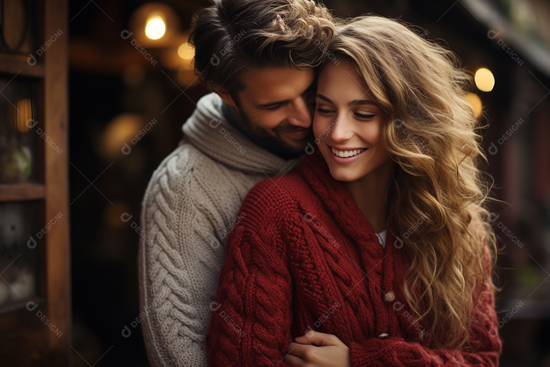 Casal feliz apaixonado se divertindo com roupa de tricô