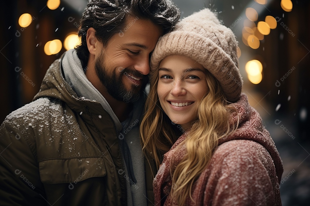 Casal feliz apaixonado se divertindo com roupa de tricô