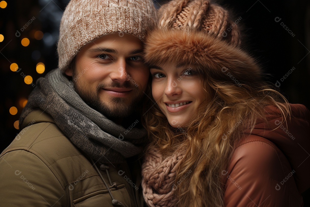 Casal feliz apaixonado se divertindo com roupa de tricô