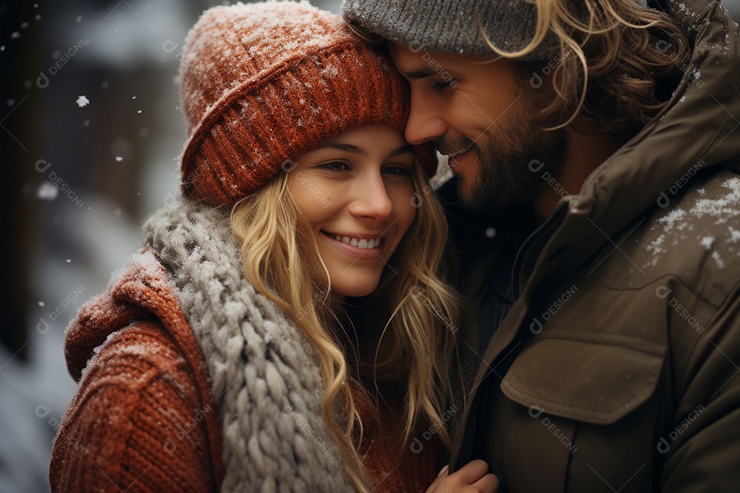 Casal feliz apaixonado se divertindo com roupa de tricô