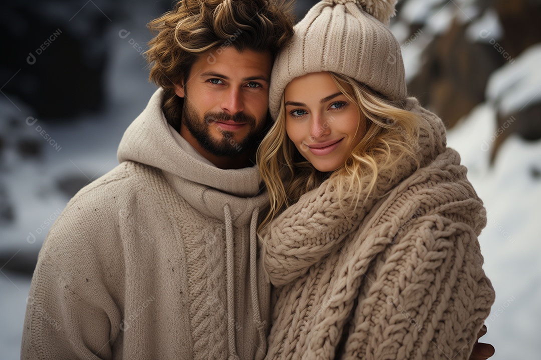 Casal feliz apaixonado se divertindo com roupa de tricôCasal feliz apaixonado se divertindo com roupa de tricô