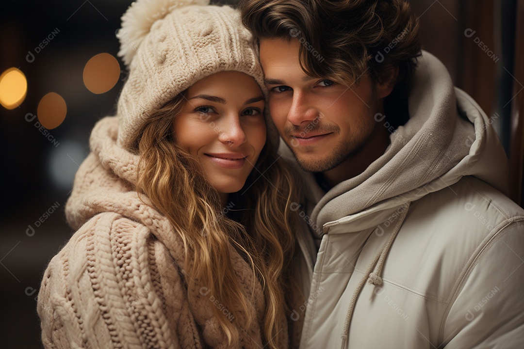 Casal feliz apaixonado se divertindo com roupa de tricôCasal feliz apaixonado se divertindo com roupa de tricô