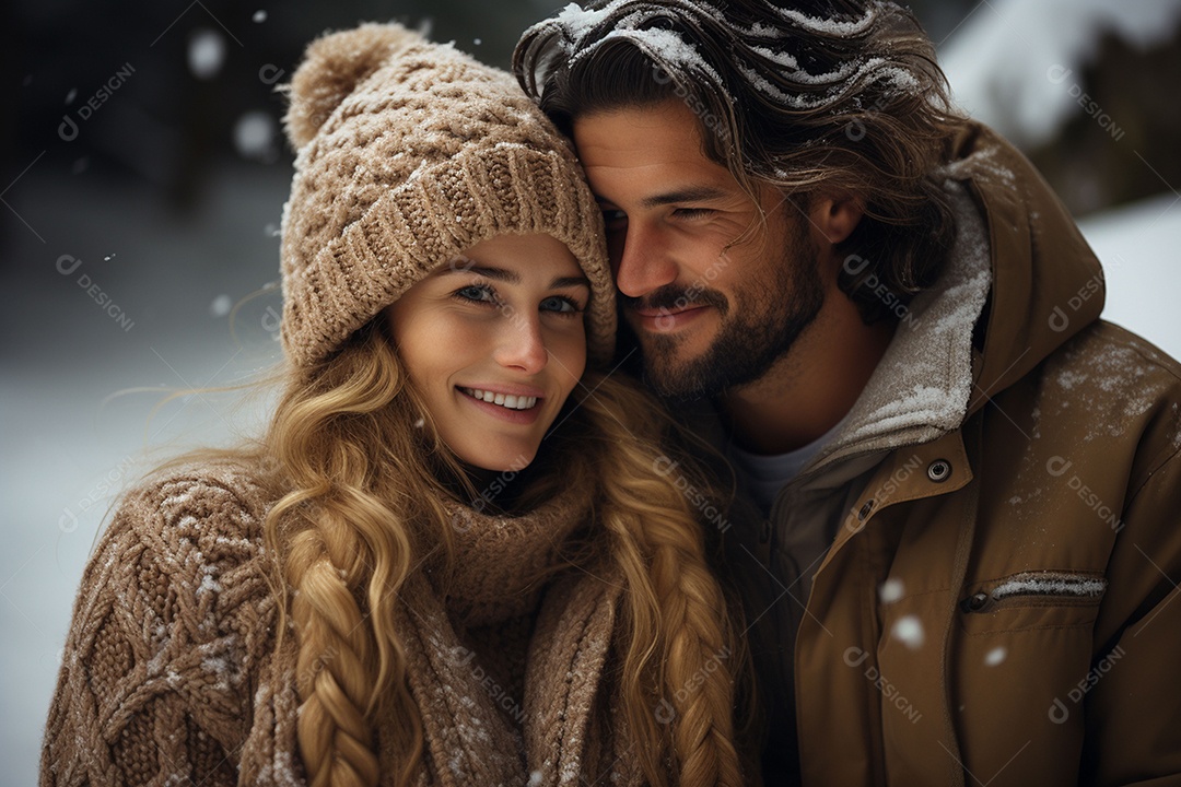 Casal feliz apaixonado se divertindo com roupa de tricô