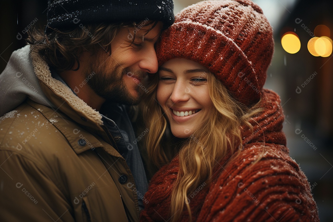 Casal feliz apaixonado se divertindo com roupa de tricô