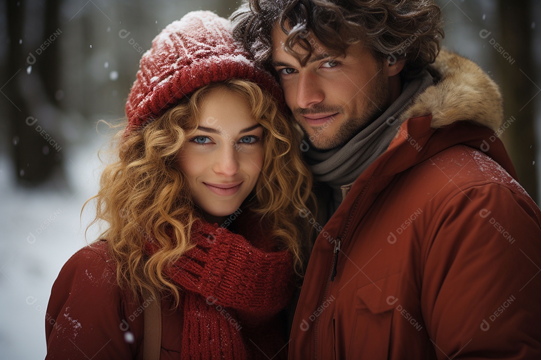 Casal feliz apaixonado se divertindo com roupa de tricô