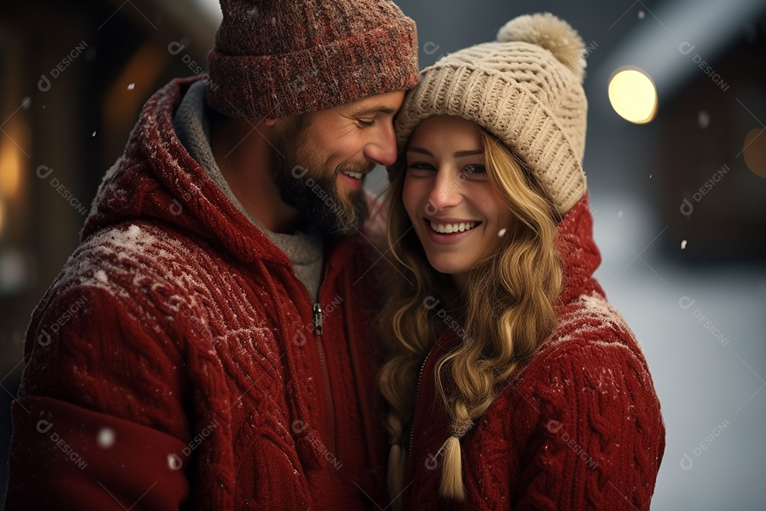 Casal feliz apaixonado se divertindo com roupa de tricô