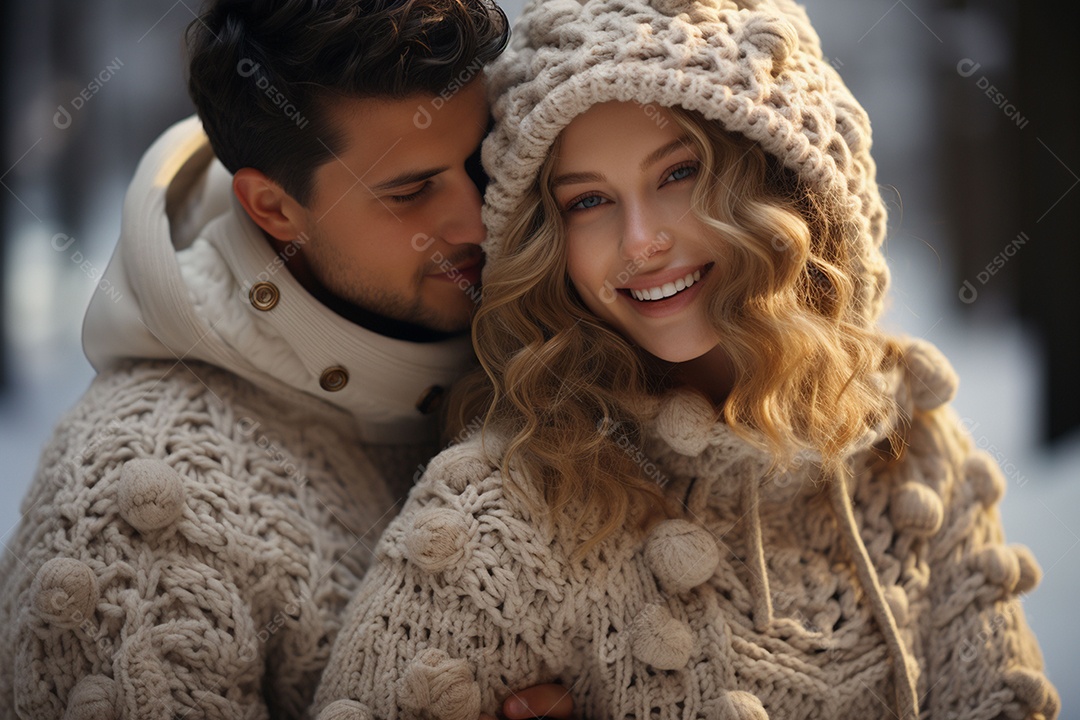 Casal feliz apaixonado se divertindo com roupa de tricô