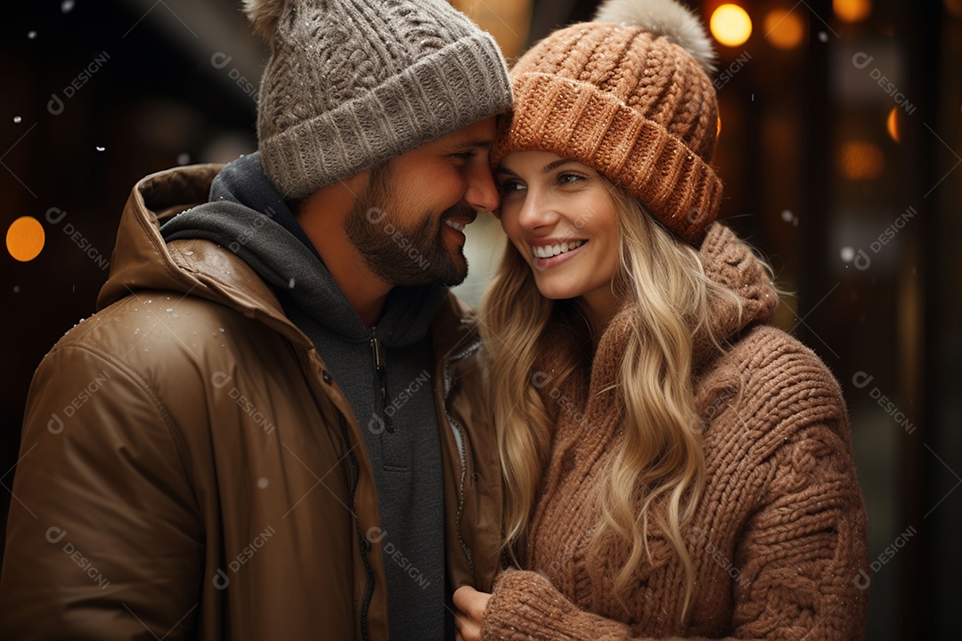 Casal feliz apaixonado se divertindo com roupa de tricô
