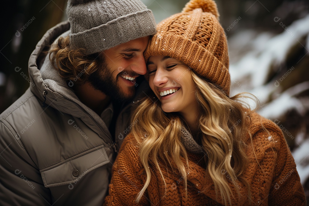 Casal feliz apaixonado se divertindo com roupa de tricô