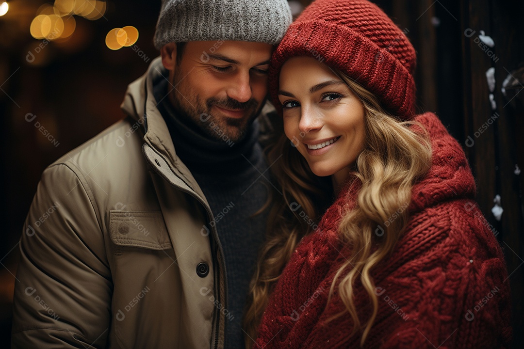 Casal feliz apaixonado se divertindo com roupa de tricô