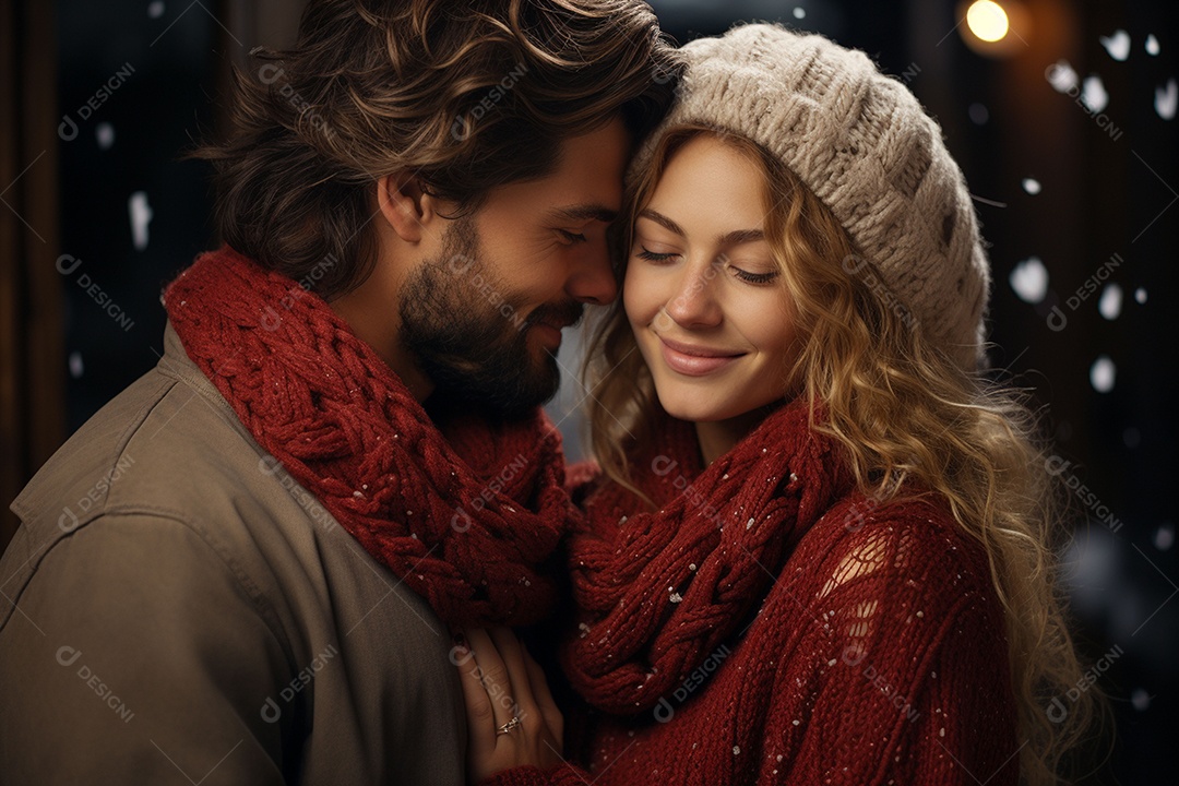 Casal feliz apaixonado se divertindo com roupa de tricô