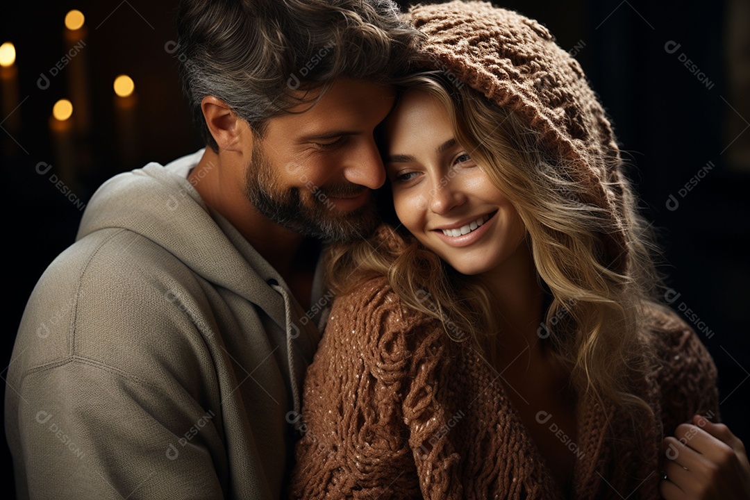 Casal feliz apaixonado se divertindo com roupa de tricô